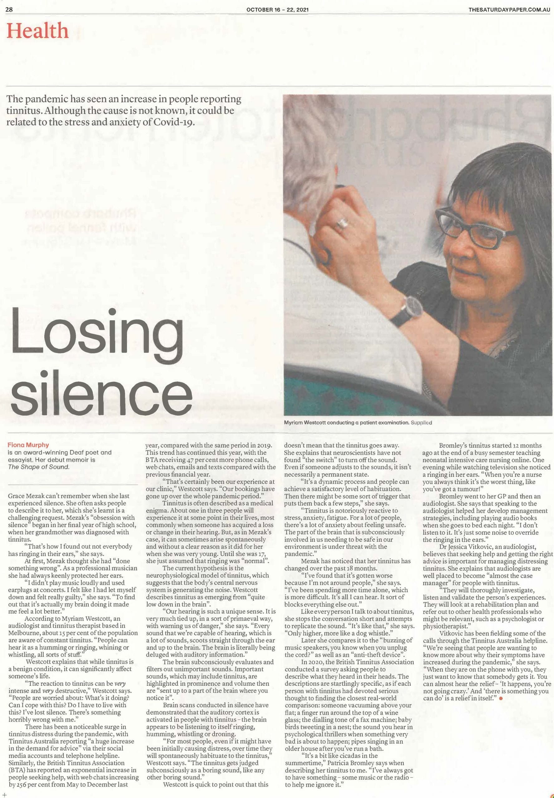 scan of newspaper article on tinnitus in the pandemic with a photo of Myriam Westcott